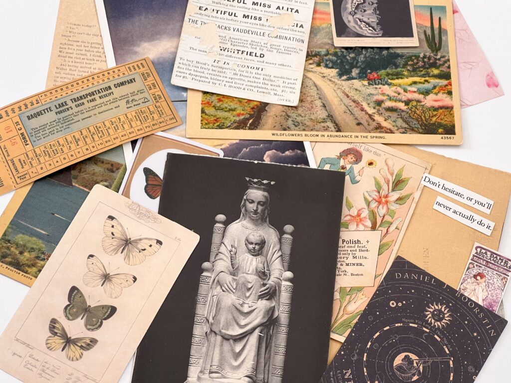 pexels-photo-30568781-30568781 A flat lay of diverse vintage ephemera and postcards featuring art and nature.